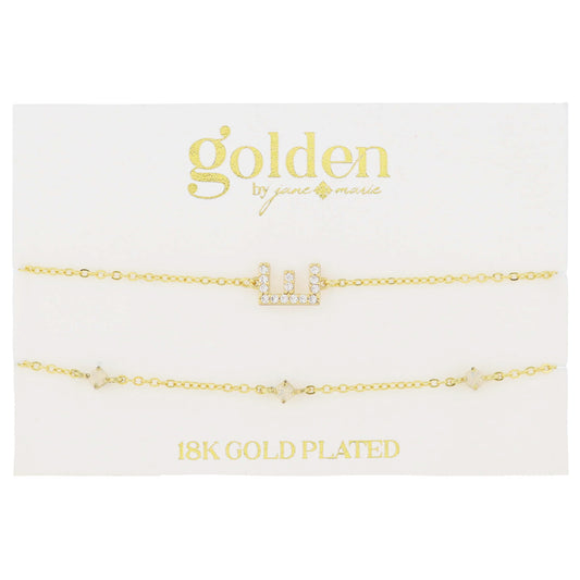 7" Around 18K Gold Plated Set of 2, Cubic Zirconia Pave "E" Initial, Multi Opals Bracelet, 1.5" Ext