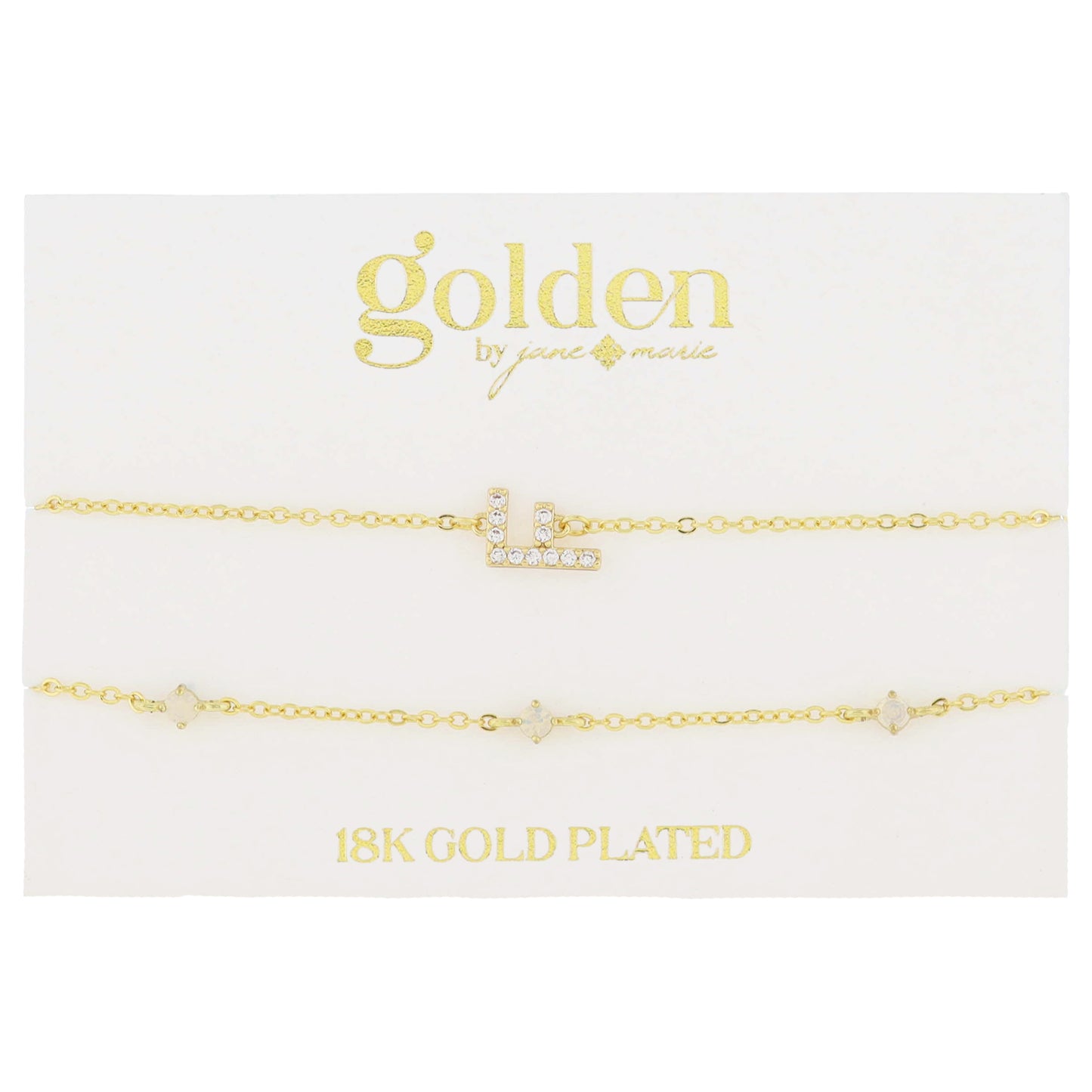 7" Around 18K Gold Plated Set of 2, Cubic Zirconia Pave "F" Initial, Multi Opals Bracelet, 1.5" Ext