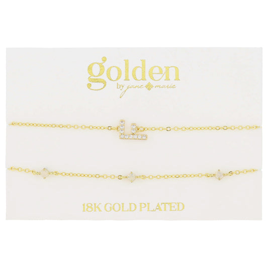 7" Around 18K Gold Plated Set of 2, Cubic Zirconia Pave "F" Initial, Multi Opals Bracelet, 1.5" Ext