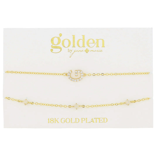 7" Around 18K Gold Plated Set of 2, Cubic Zirconia Pave "G" Initial, Multi Opals Bracelet, 1.5" Ext