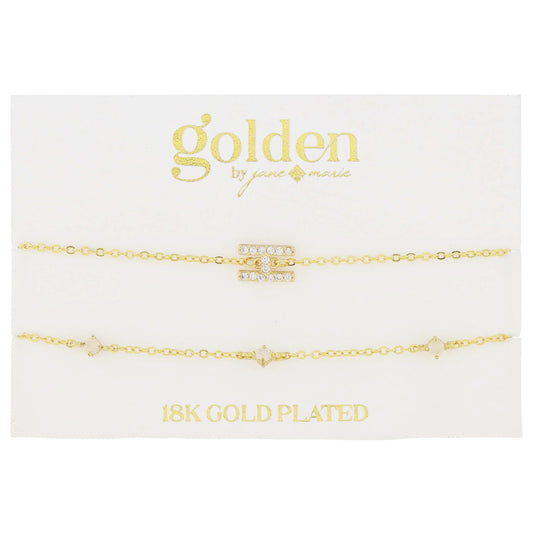 7" Around 18K Gold Plated Set of 2, Cubic Zirconia Pave "H" Initial, Multi Opals Bracelet, 1.5" Ext