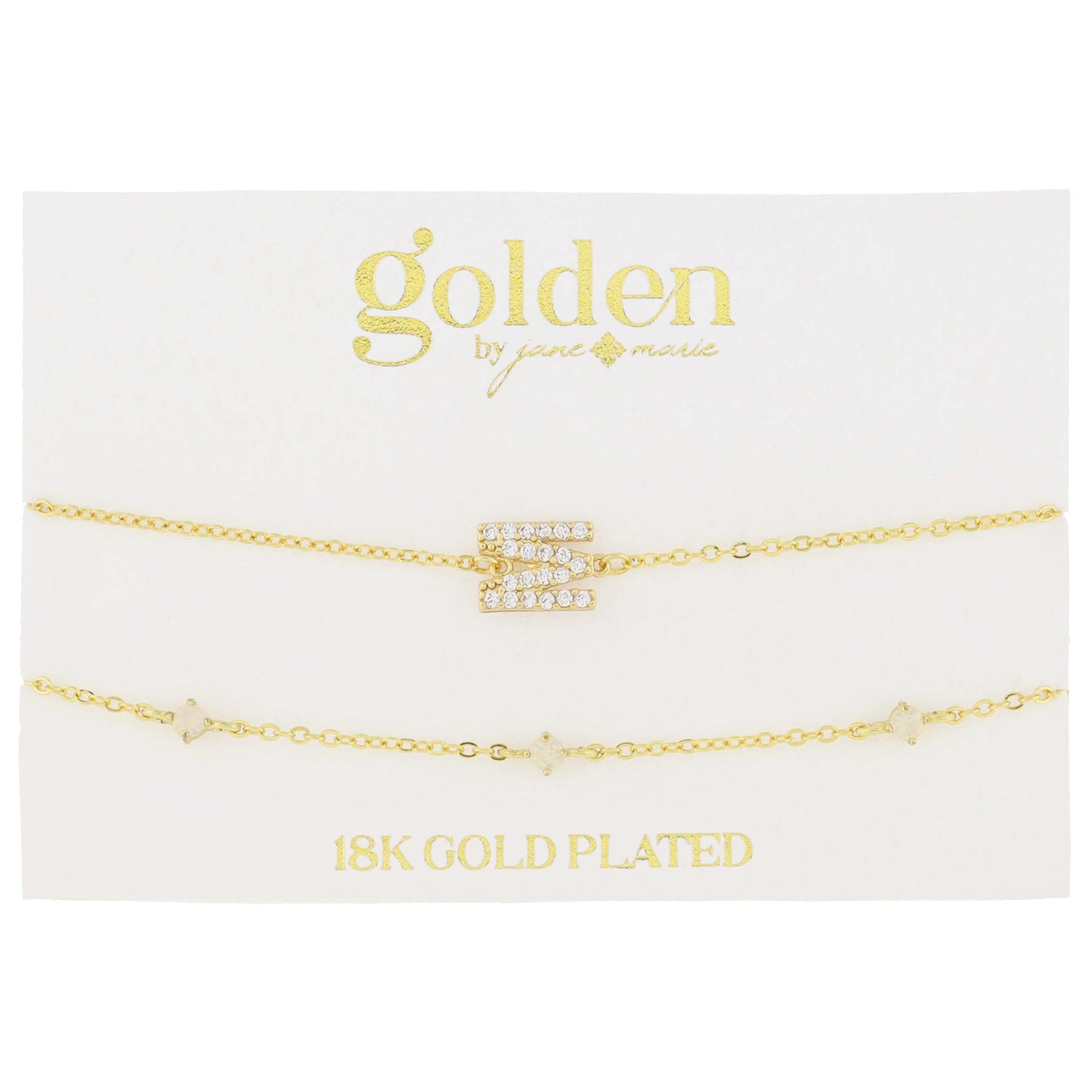 7" Around 18K Gold Plated Set of 2, Cubic Zirconia Pave "M" Initial, Multi Opals Bracelet, 1.5" Ext