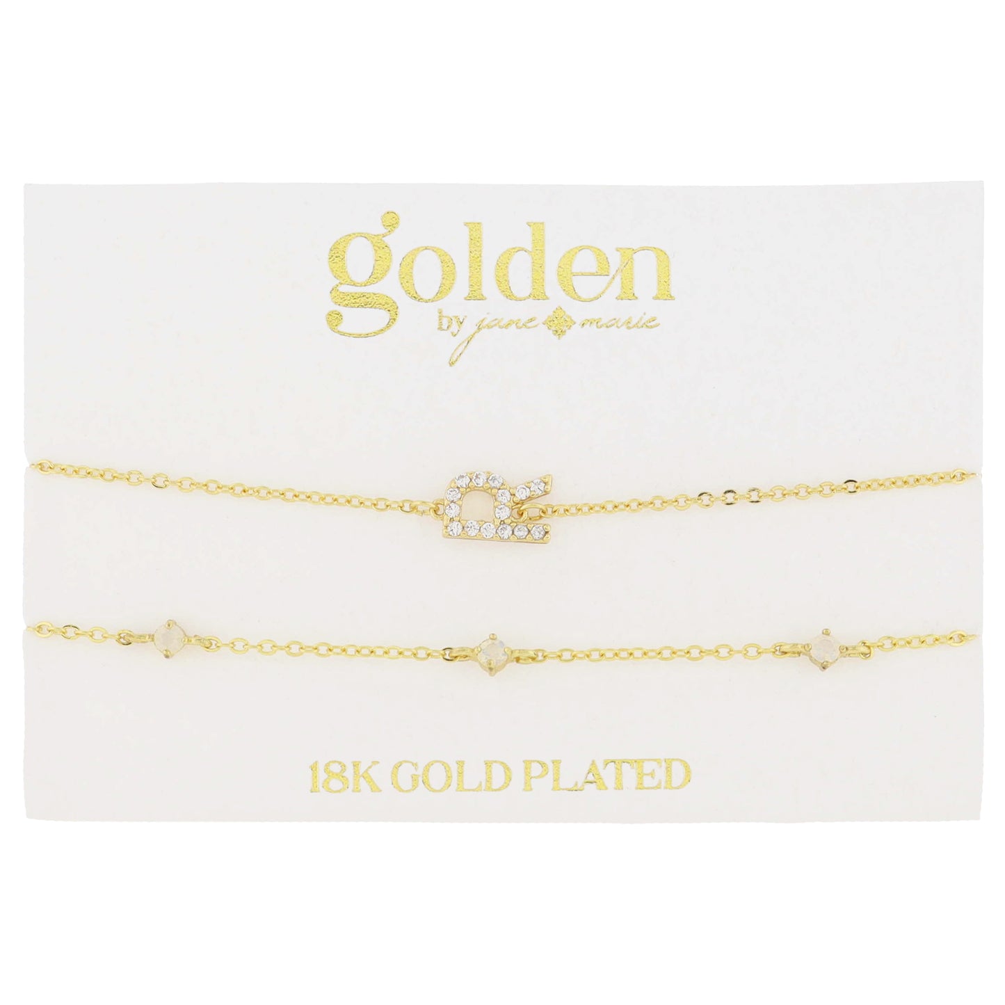 7" Around 18K Gold Plated Set of 2, Cubic Zirconia Pave "R" Initial, Multi Opals Bracelet, 1.5" Ext