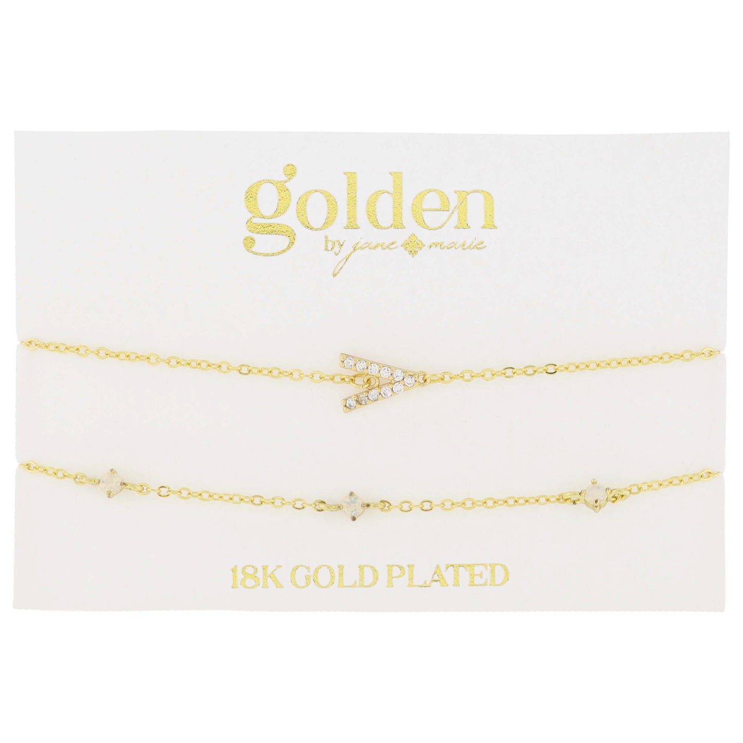7" Around 18K Gold Plated Set of 2, Cubic Zirconia Pave "V" Initial, Multi Opals Bracelet, 1.5" Ext