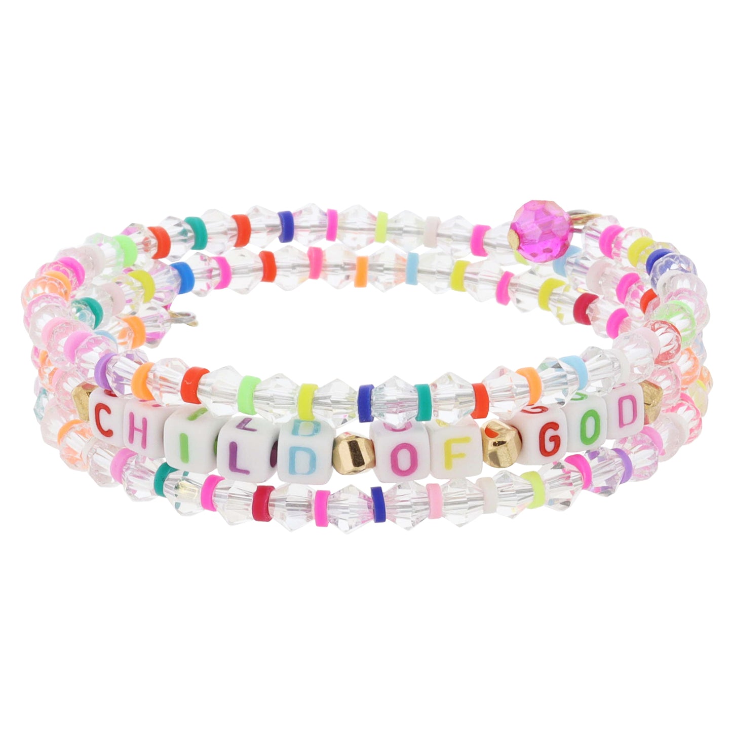 Kids Alternating Clear Facteted & Multi Sequin, "CHILD OF GOD" Beaded Coil Bracelet, .5" Pendant