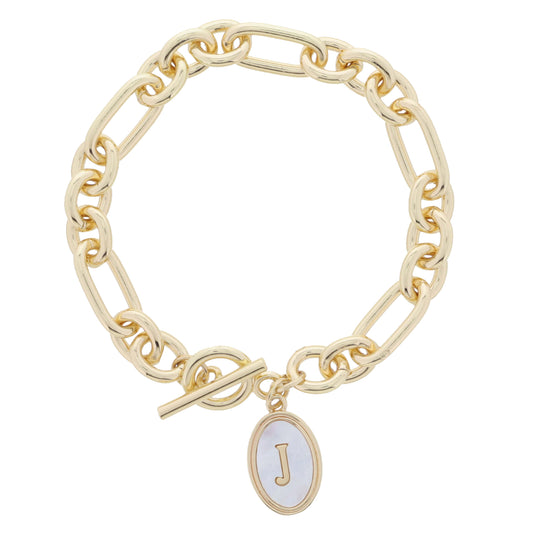Gold Oval with White Shell Inlay and Gold "J" Initial Center on Gold Toggle Bracelet, .75" Pendant