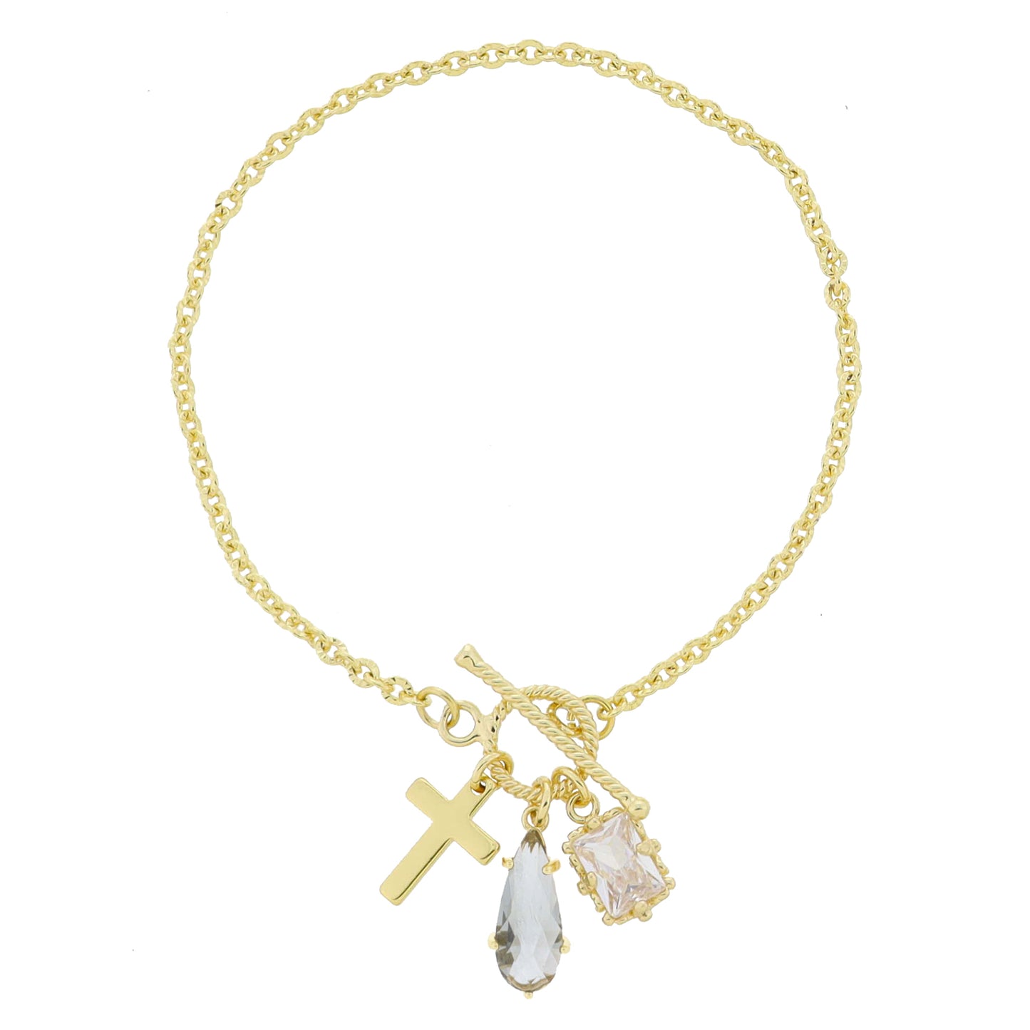 18K Gold Plated Toggle & Cross, Smokey Teardrop, Emerald Cluster Bracelet, .5", .5", .35" Pendants