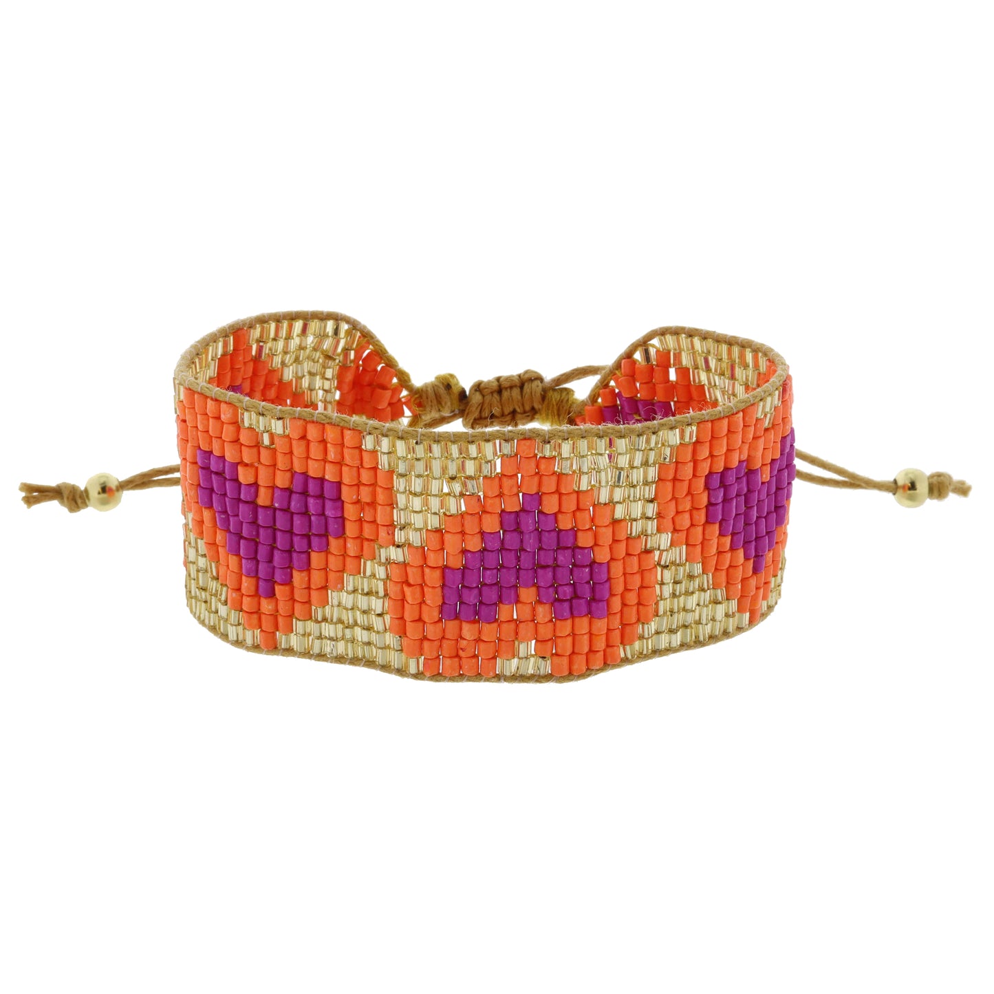 Gold with Bright Orange and Magenta Hearts Beaded Band Bracelet, 1.25" Wide