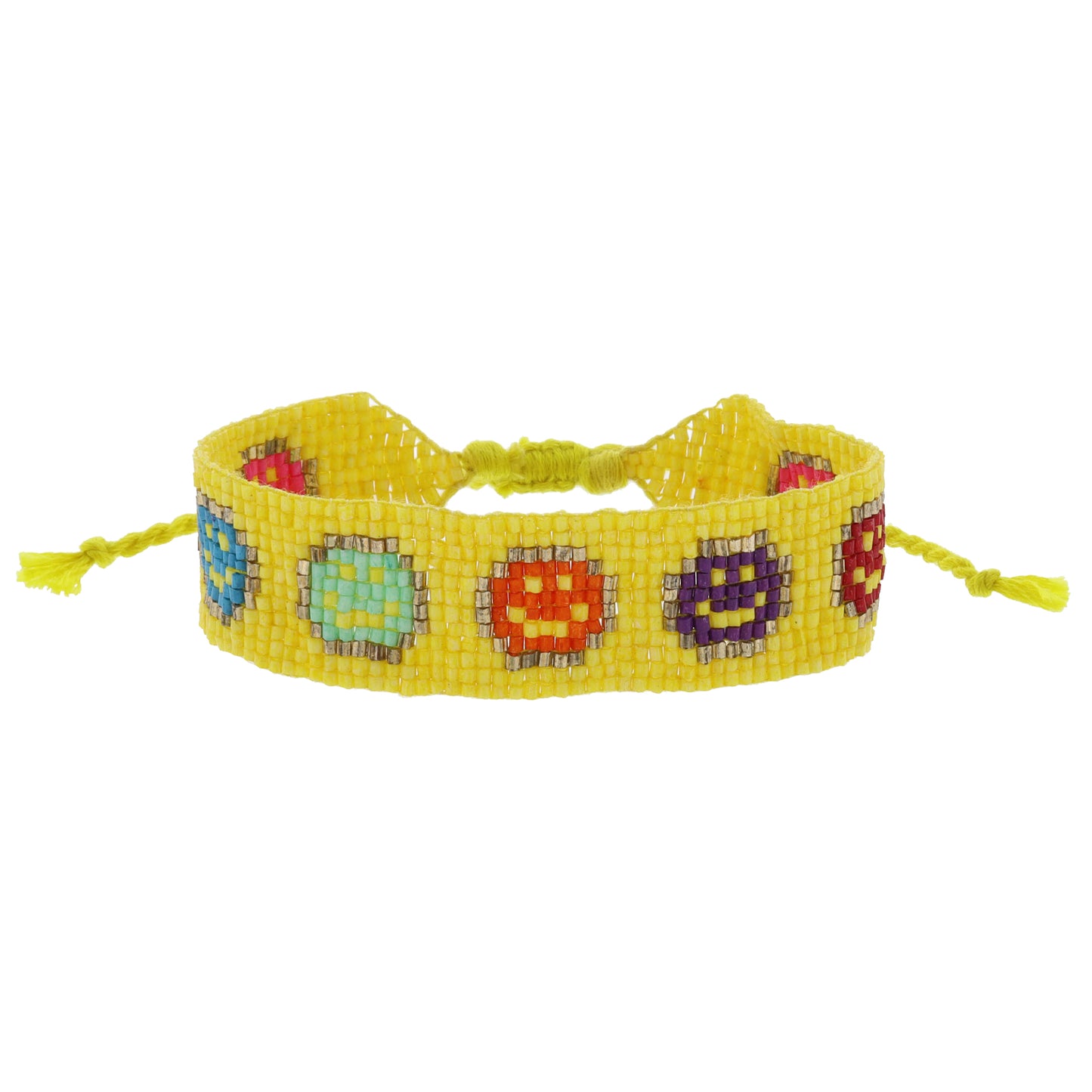 Golden Yellow with Gold and Multi Happy Faces Beaded Band Bracelet, .75" Wide