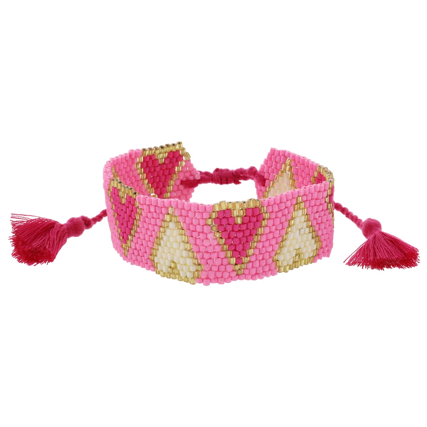 Pink with Gold and Hot Pink and Ivory Hearts Beaded Band Bracelet, 1" Wide