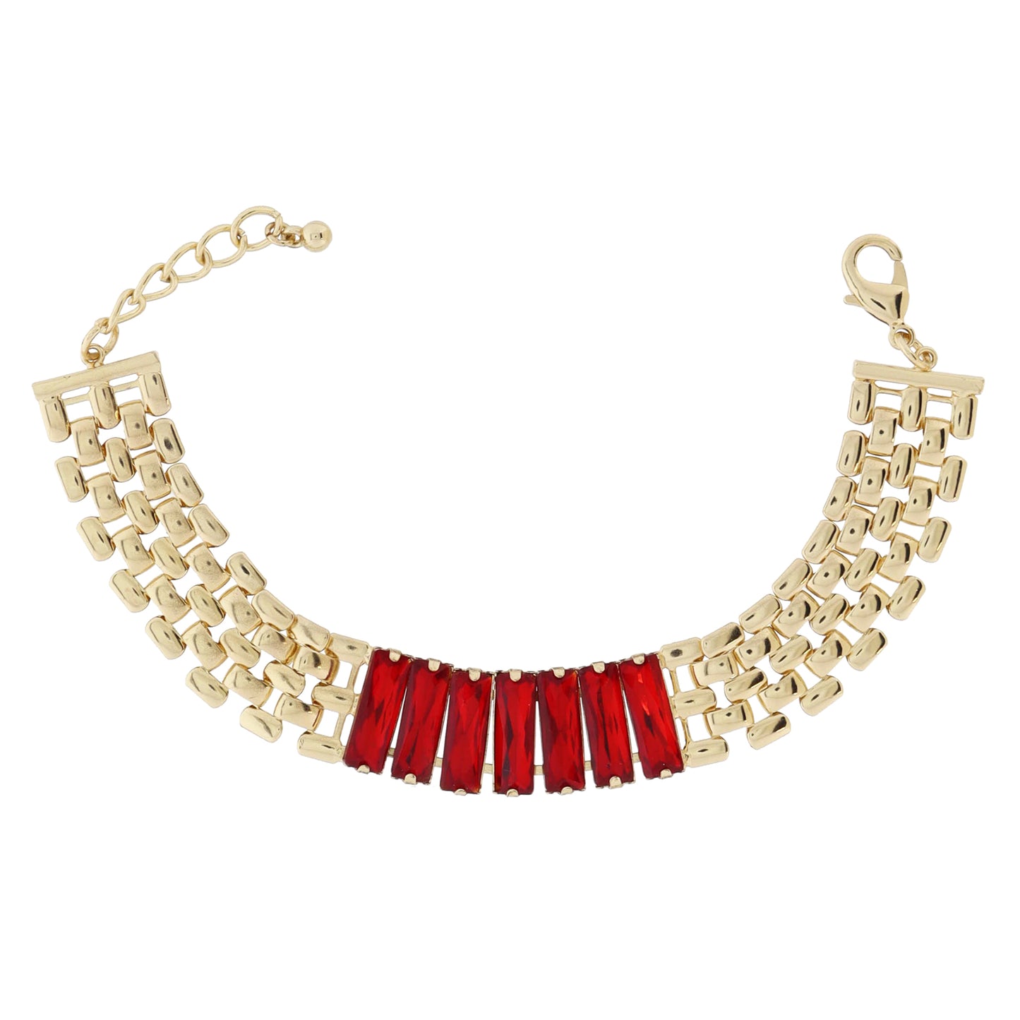 Thick Gold Watch Band Chain & Red Baguette Crystal Portion Bracelet, .65" Wide