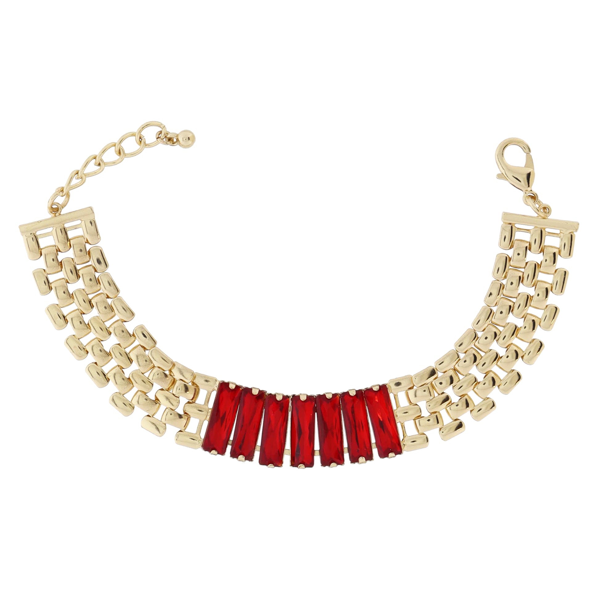 Thick Gold Watch Band Chain & Red Baguette Crystal Portion Bracelet, .65" Wide