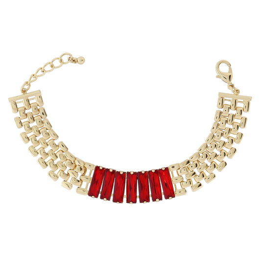 Thick Gold Watch Band Chain & Red Baguette Crystal Portion Bracelet, .65" Wide