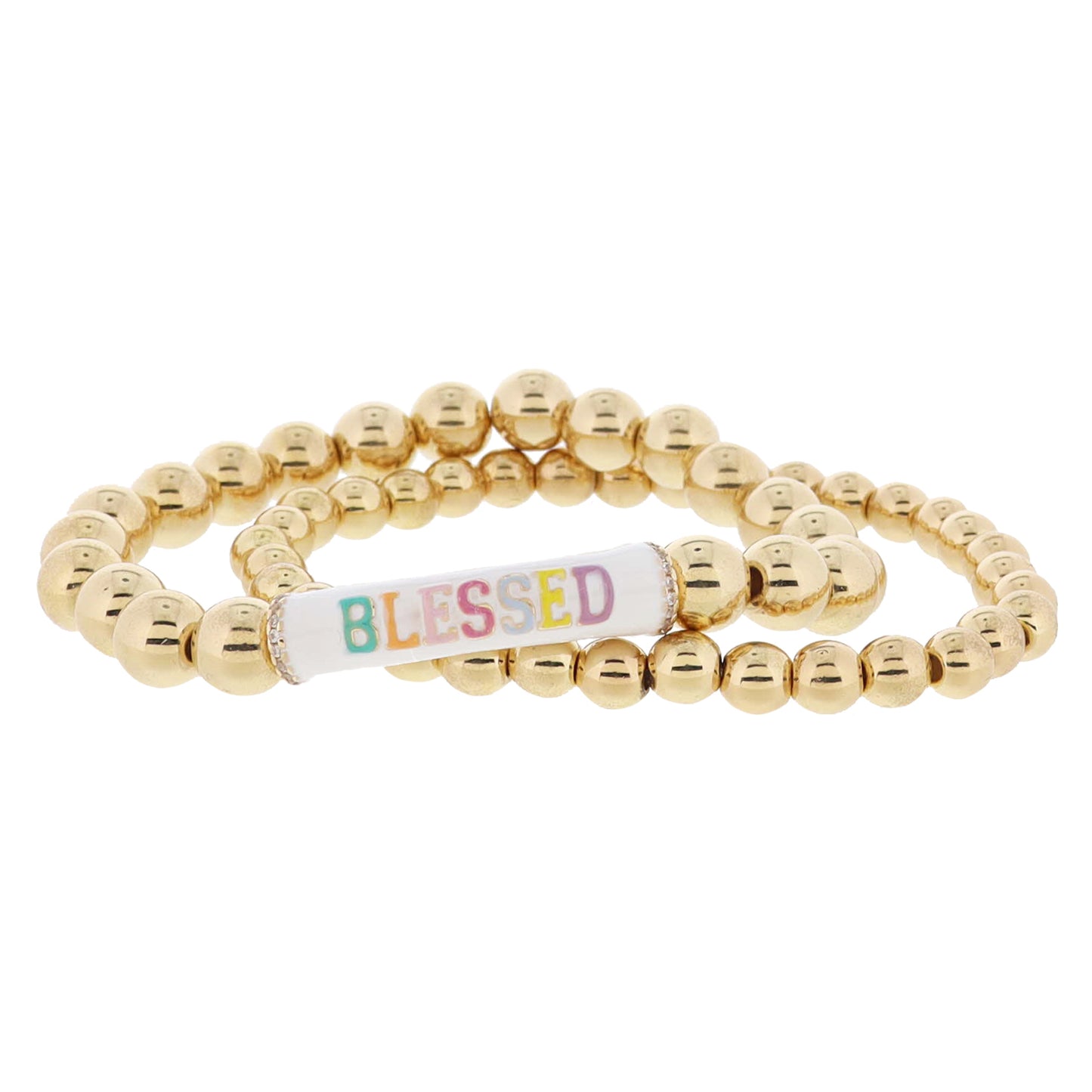 Set of 2, Gold Ball, White & Multi "BLESSED" Bar with Crystals on Gold Ball Bracelet, 8" Around