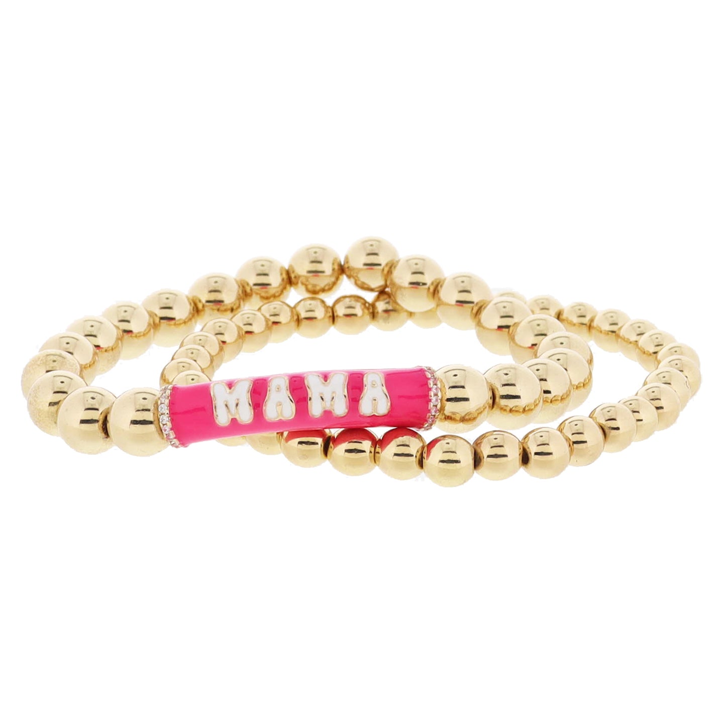 Set of 2, Gold Ball, Pink & White "MAMA" Cylinder Bar with Crystal on Gold Ball Bracelet, 8" Around