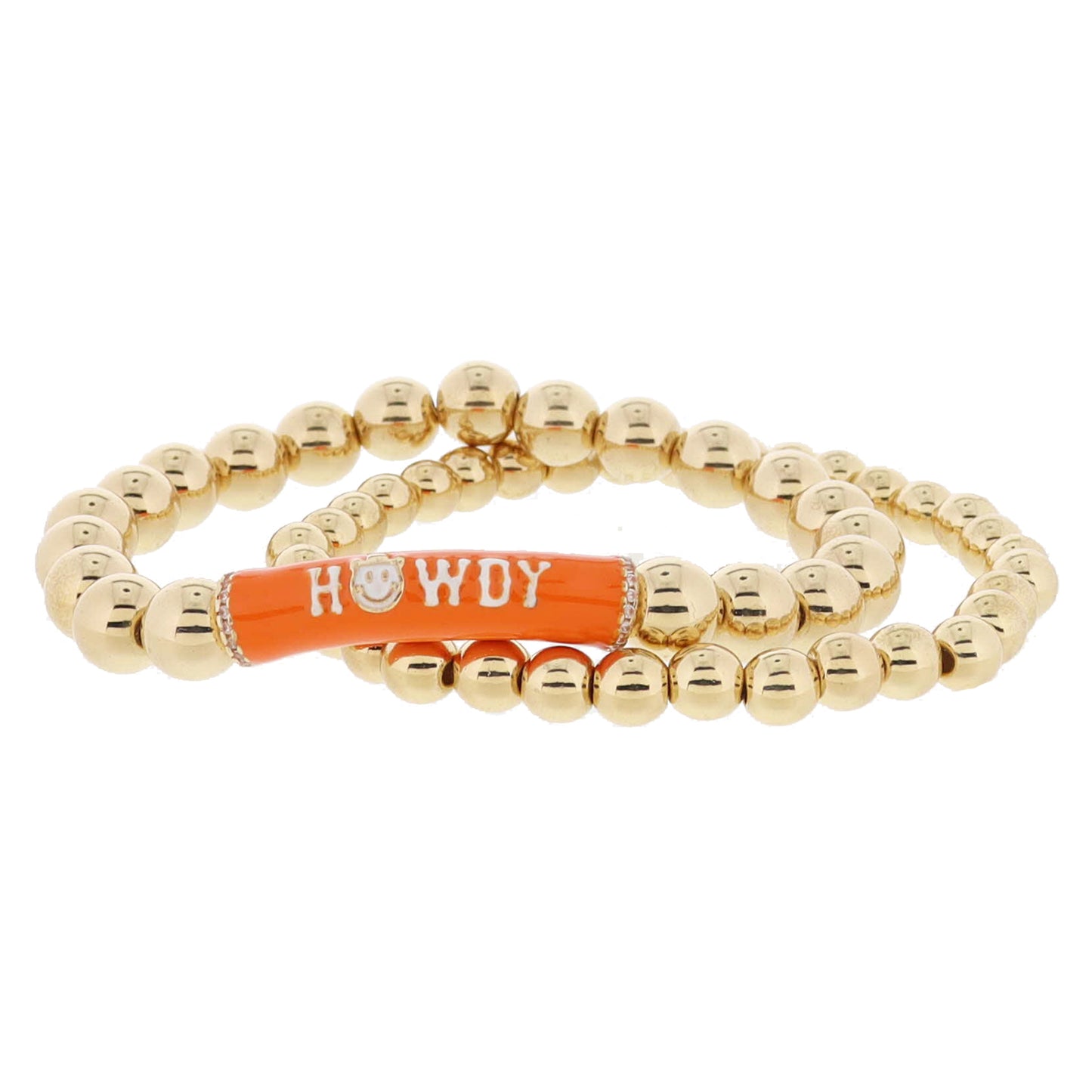 Set of 2, Gold Ball, Orange & White "HOWDY" Bar with Crystal on Large Gold Ball Bracelet, 8" Around