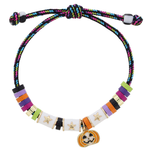 Kids Adj. Gold and White Enamel "BOO" Cylinder Beads with Beads & Ghost Bracelet, Pulley Closure