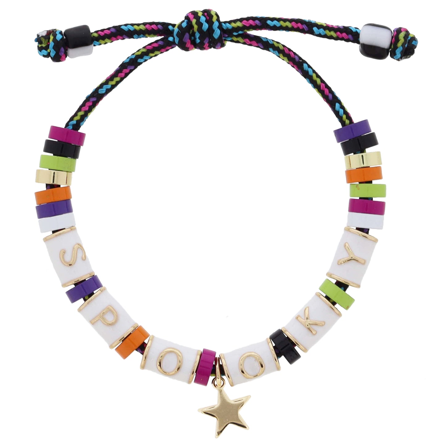 Kids Adj. Gold & White with Gold Star Beads with Beads & Jack-O-Lantern Bracelet, Pulley Closure