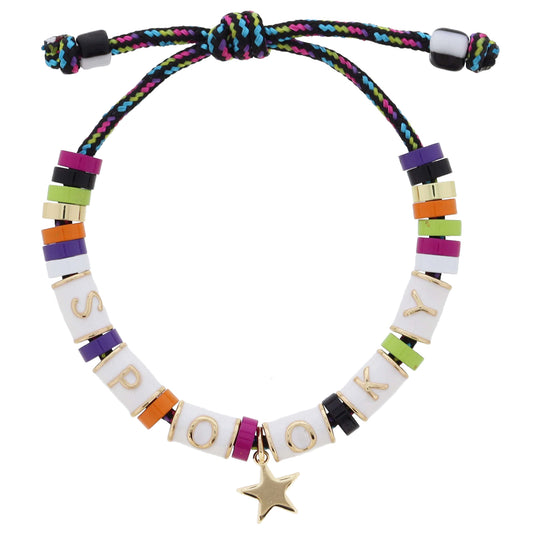 Kids Adj. Gold & White with Gold Star Beads with Beads & Jack-O-Lantern Bracelet, Pulley Closure