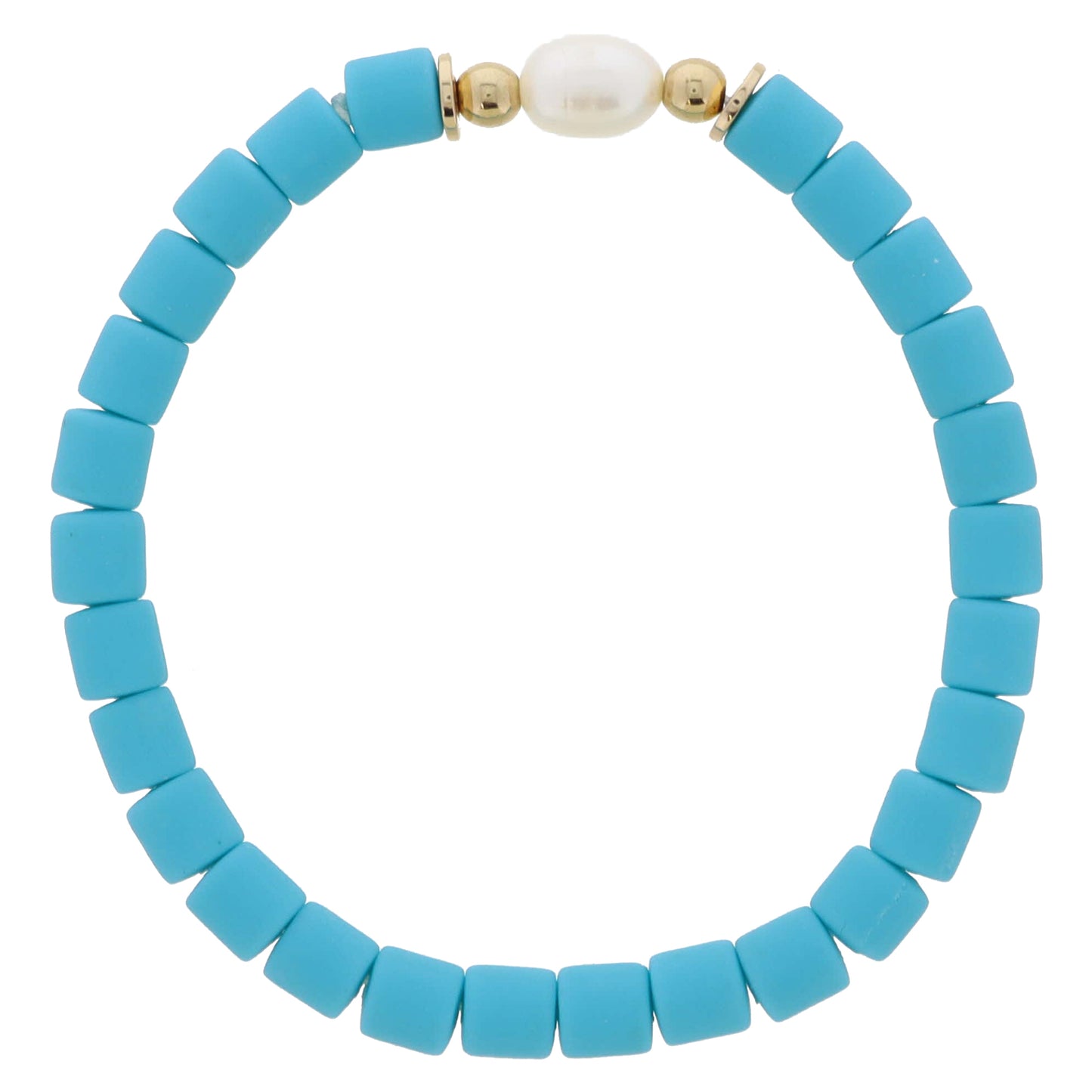 Teal Rubber Cylinder Beaded with Pearl and Gold Bead Accents Bracelet, 7.5" Around