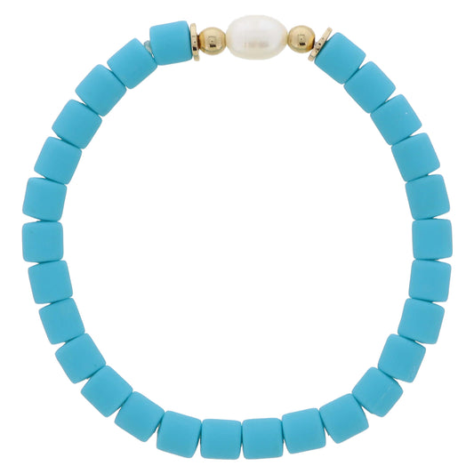 Teal Rubber Cylinder Beaded with Pearl and Gold Bead Accents Bracelet, 7.5" Around