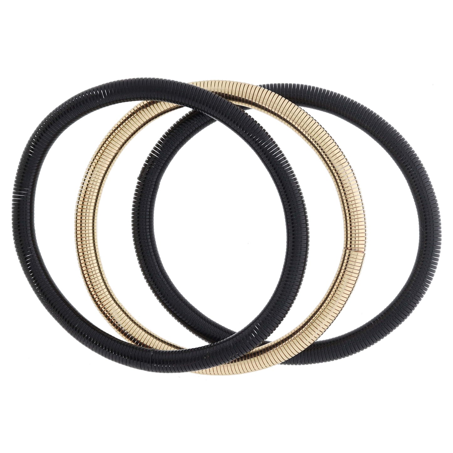 Set of 3, Black and Gold Stretchy Bangles Bracelet, 8" Around