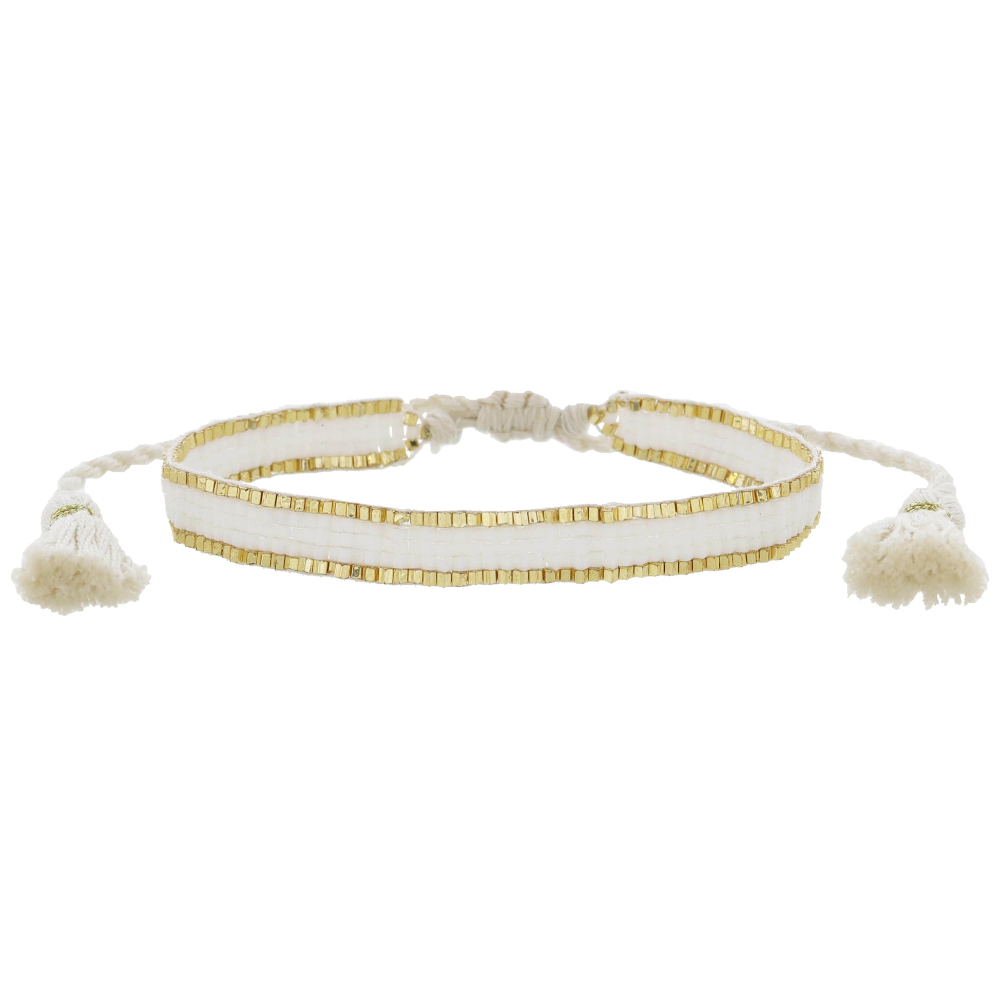 Thin White with Gold Edge Woven Mini Beaded Band Bracelet, .25" Wide
