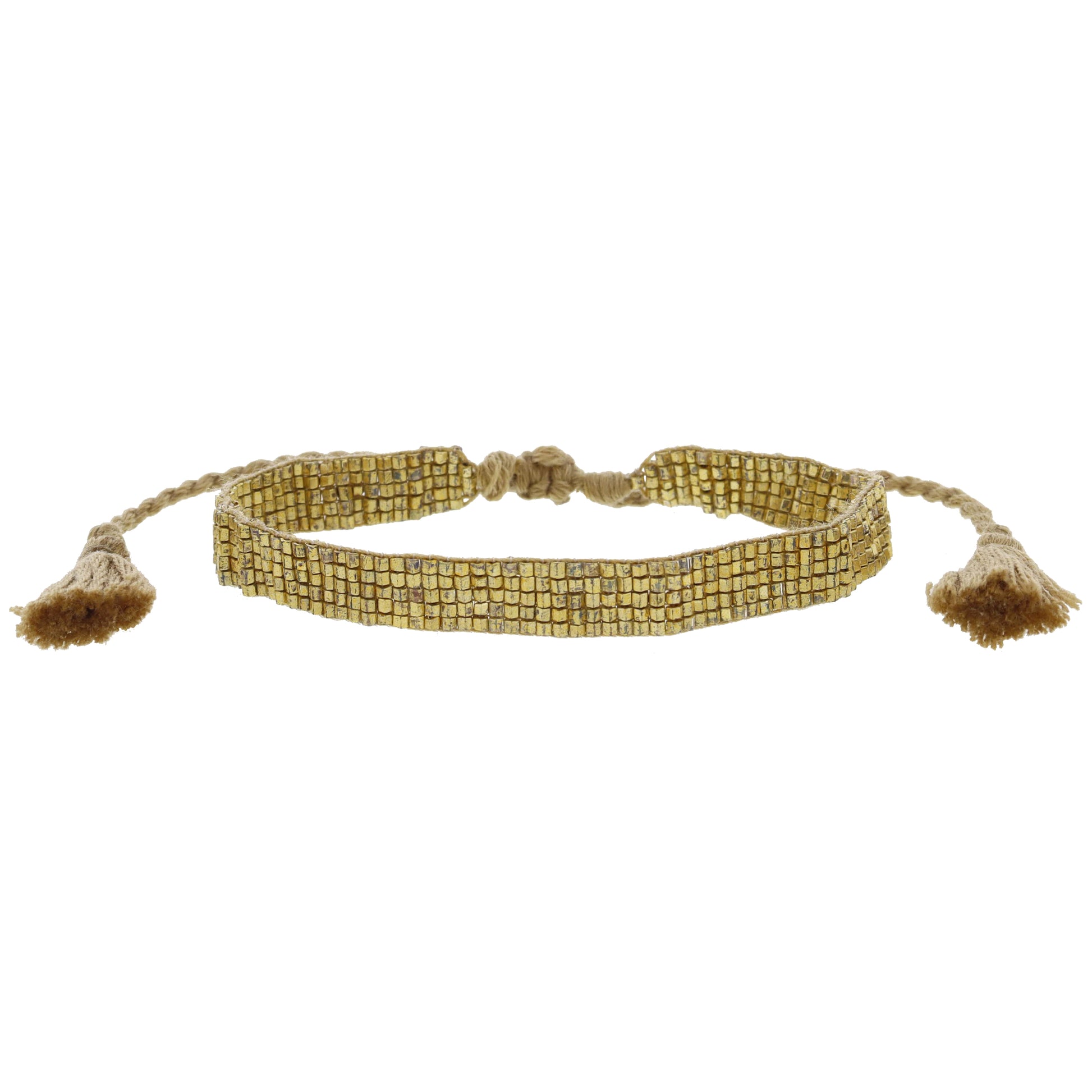 Thin Gold Woven Mini Beaded Band Bracelet, .25" Wide