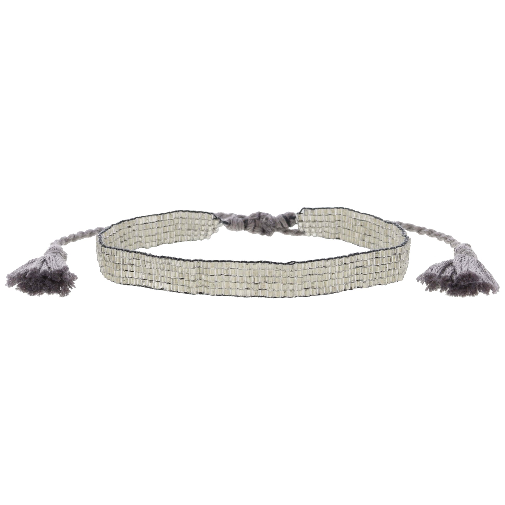 Thin Silver Woven Mini Beaded Band Bracelet, .25" Wide