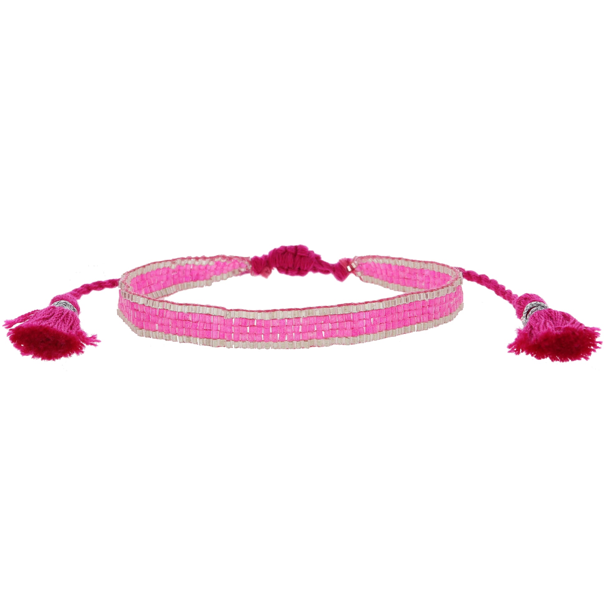 Thin Hot Pink with Silver Edge Woven Mini Beaded Band Bracelet, .25" Wide