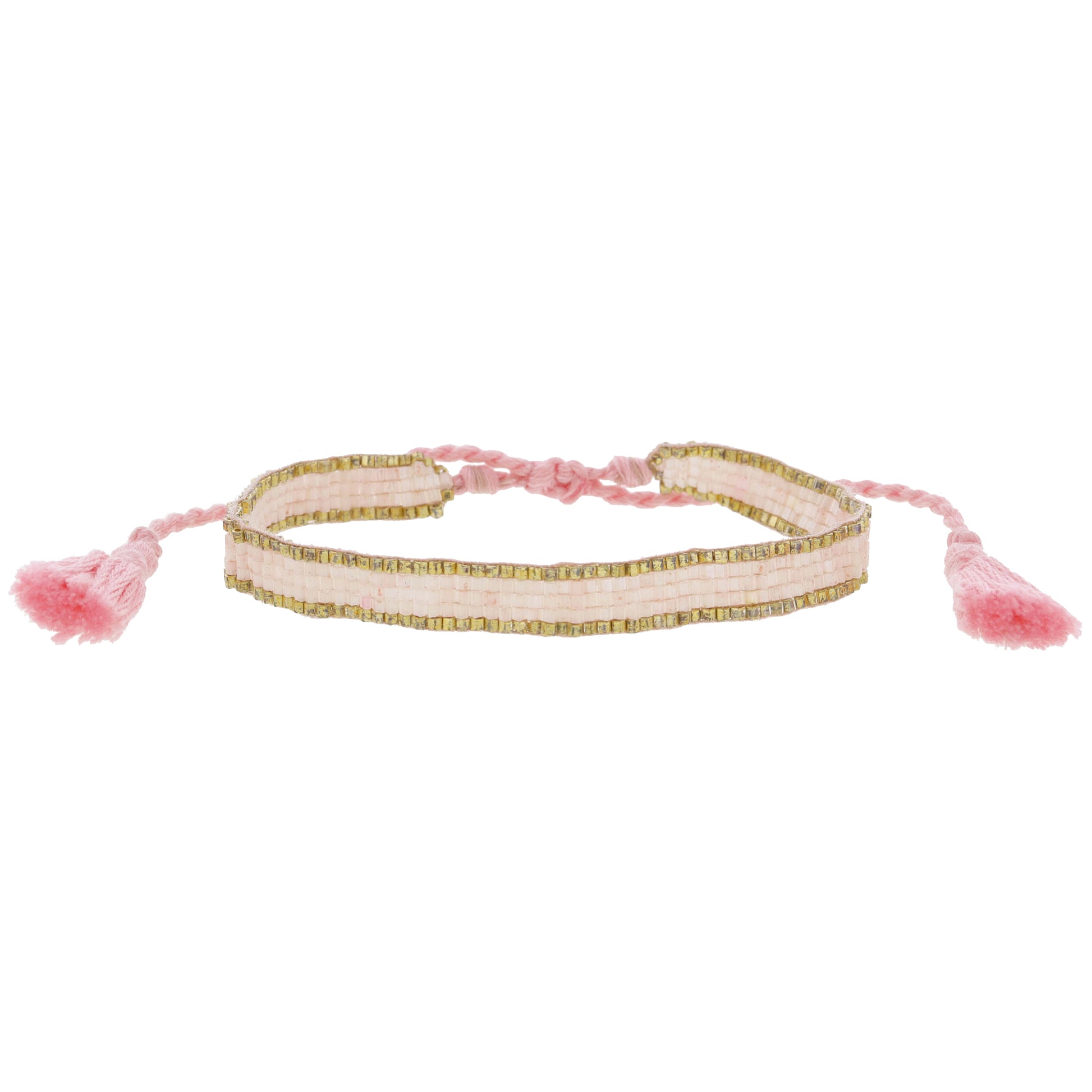 Thin Light Pink with Gold Edge Woven Mini Beaded Band Bracelet, .25" Wide