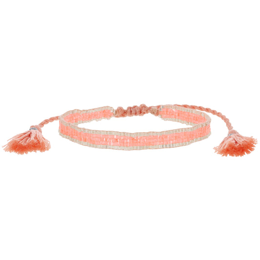 Thin Coral with Silver Edge Woven Mini Beaded Band Bracelet, .25" Wide