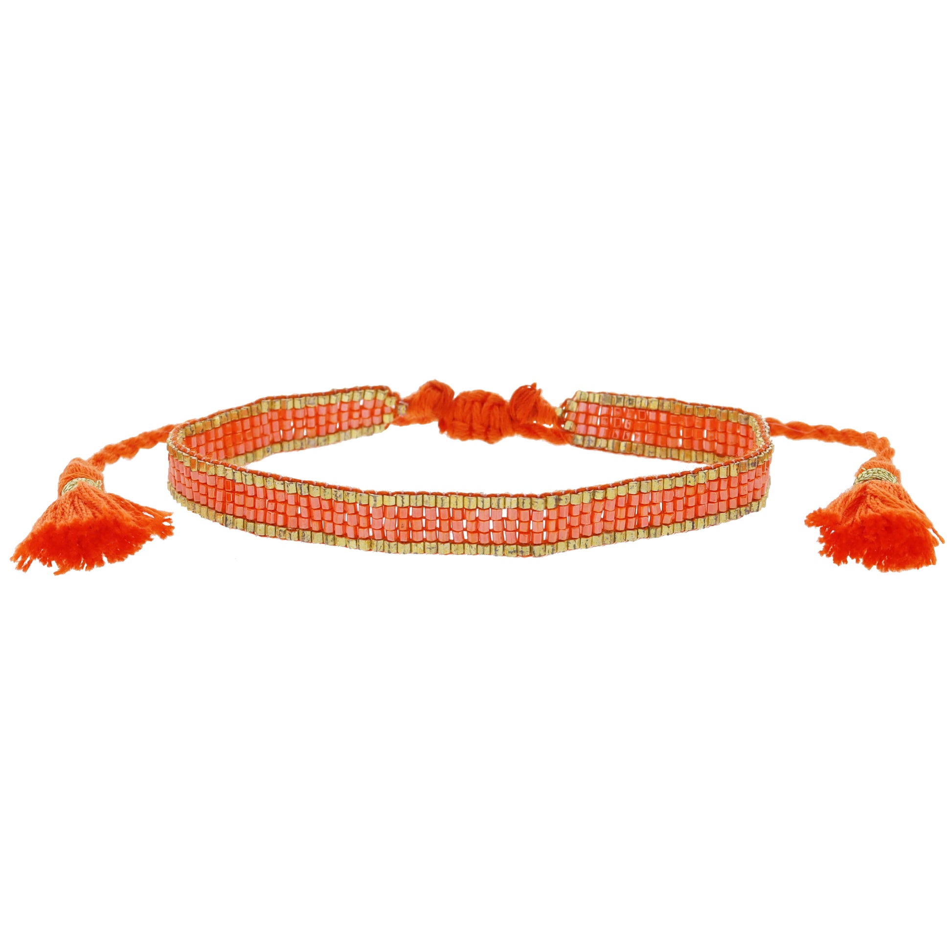 Thin Orange with Gold Edge Woven Mini Beaded Band Bracelet, .25" Wide