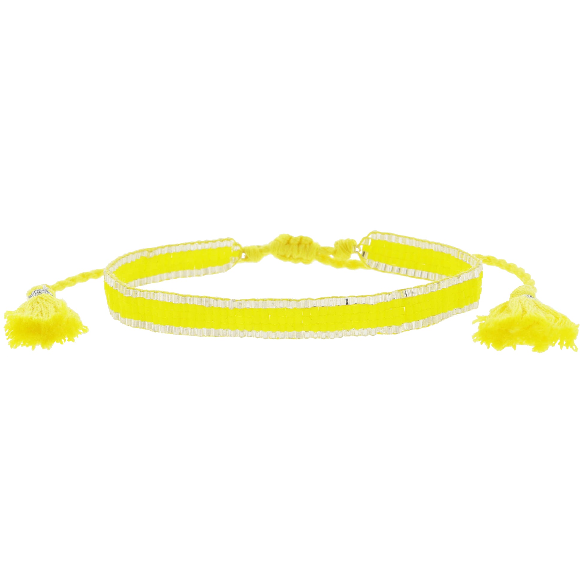 Thin Bright Yellow with Silver Edge Woven Mini Beaded Band Bracelet, .25" Wide