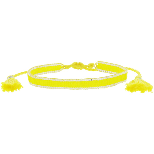 Thin Bright Yellow with Silver Edge Woven Mini Beaded Band Bracelet, .25" Wide