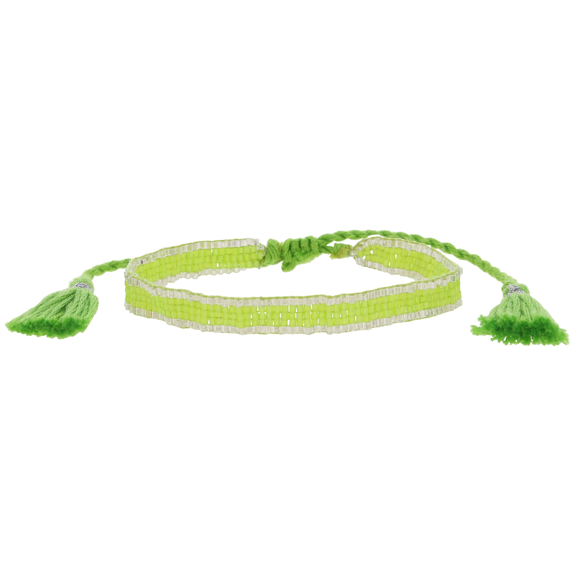 Thin Lime Green with Silver Edge Woven Mini Beaded Band Bracelet, .25" Wide
