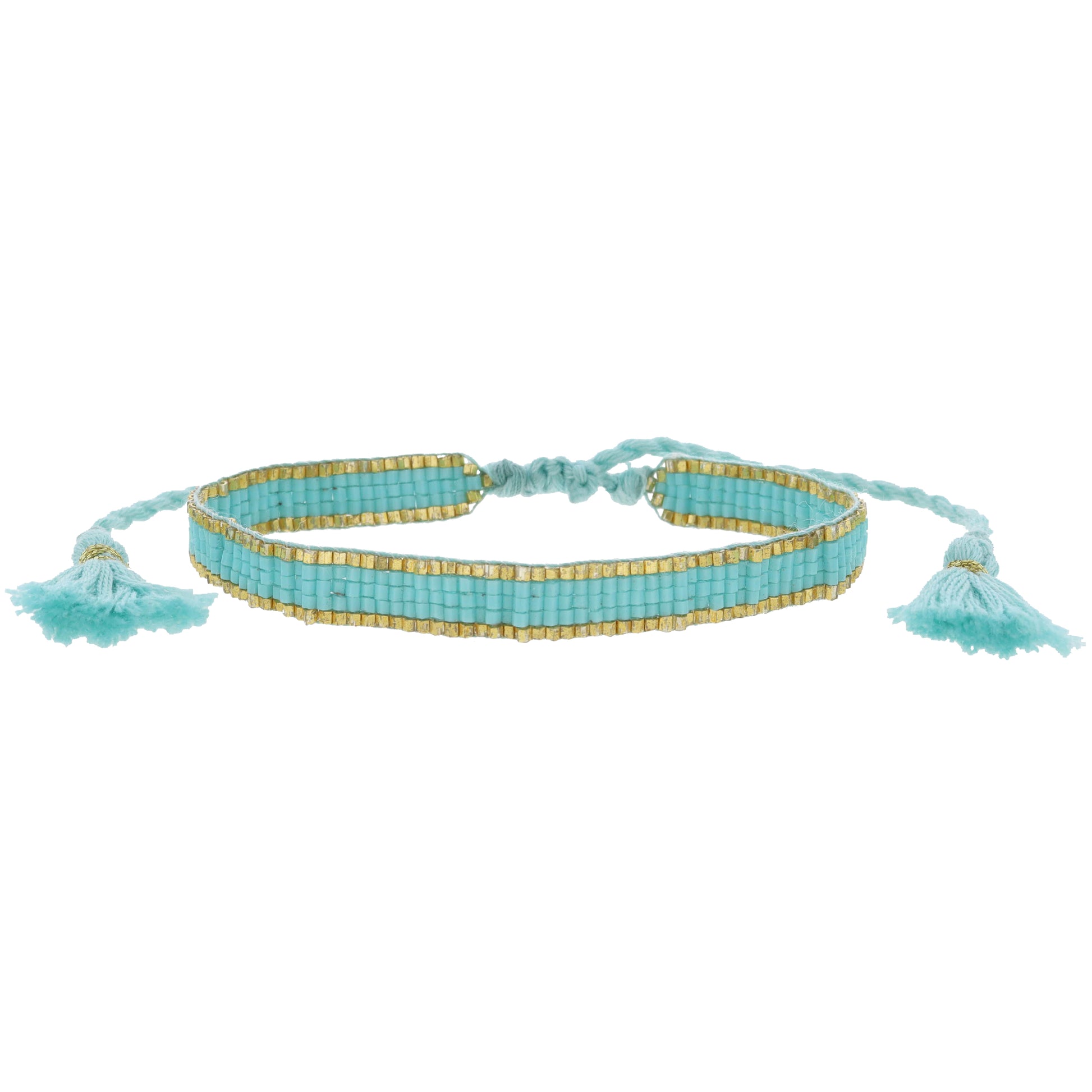 Thin Turquoise with Gold Edge Woven Mini Beaded Band Bracelet, .25" Wide