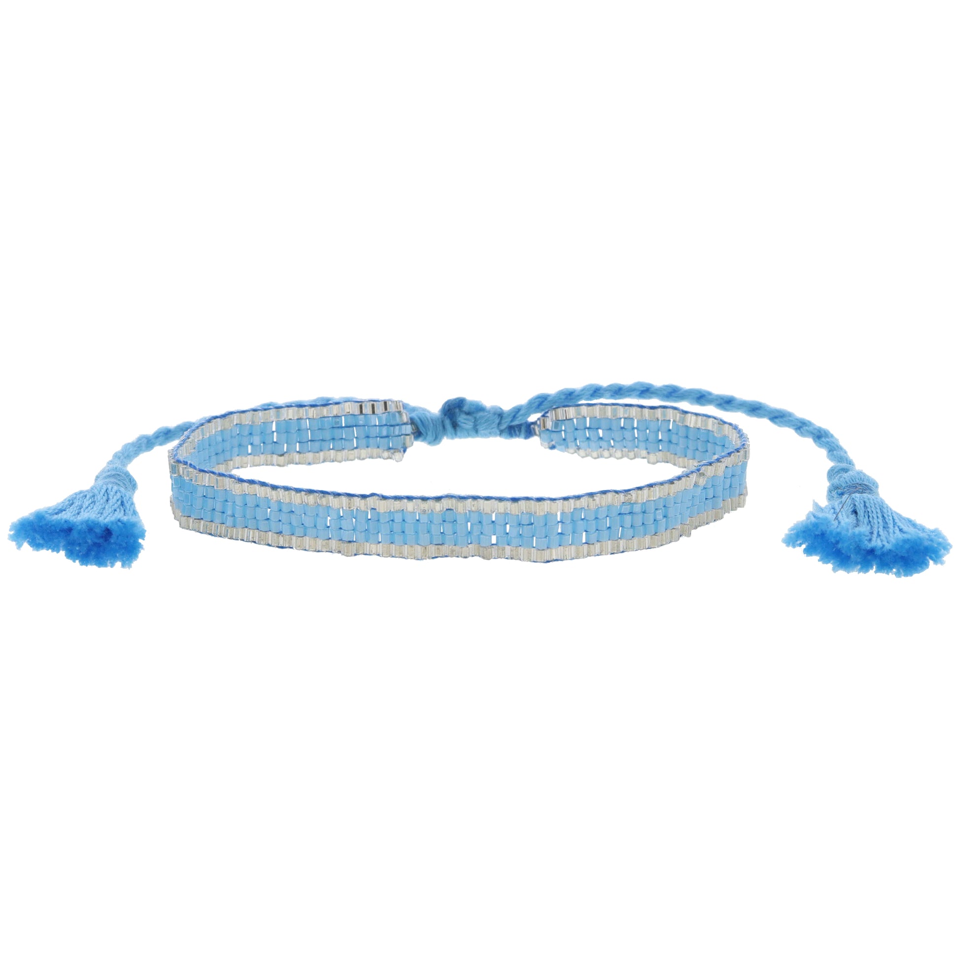 Thin Bright Blue with Silver Edge Woven Mini Beaded Band Bracelet, .25" Wide