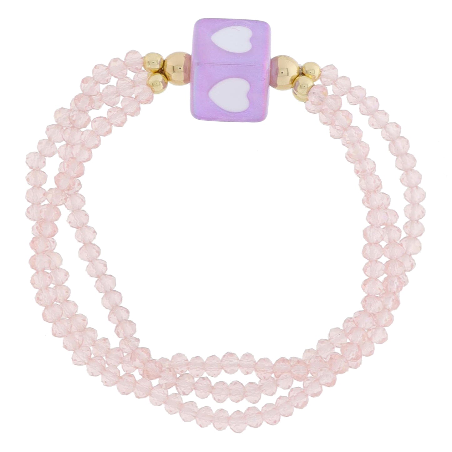 Kids 3 Strand Faceted Pink Beaded & Lavender Cube Bead with White Hearts Bracelet, 6.5" Around