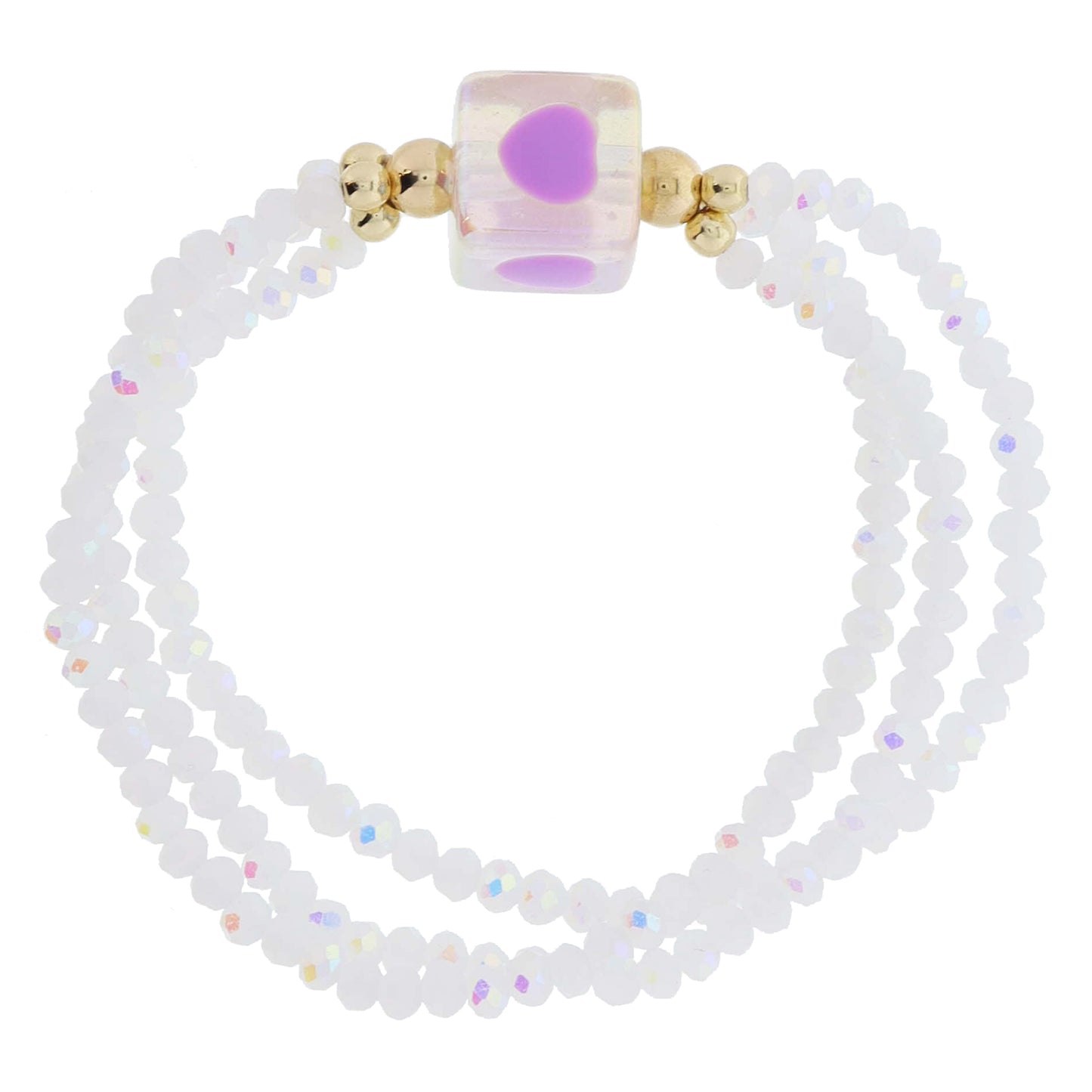 Kids 3 Strand Faceted White Beaded & Iridescent Cube Bead & Lavender Hearts Bracelet, 6.5" Around