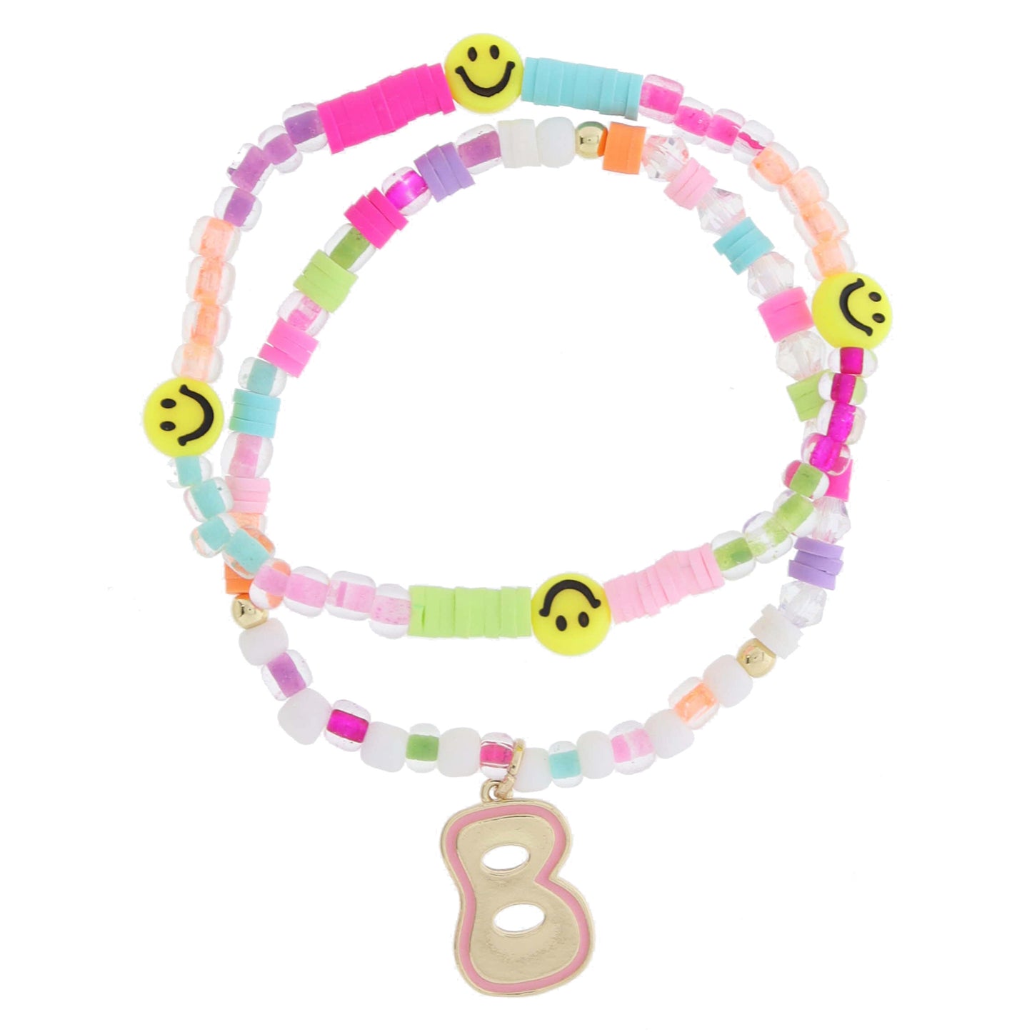 Kids Set of 2, Multi Beaded & Gold Retro Bubble "B" with Light Pink Outline Bracelet, 6.5" Around