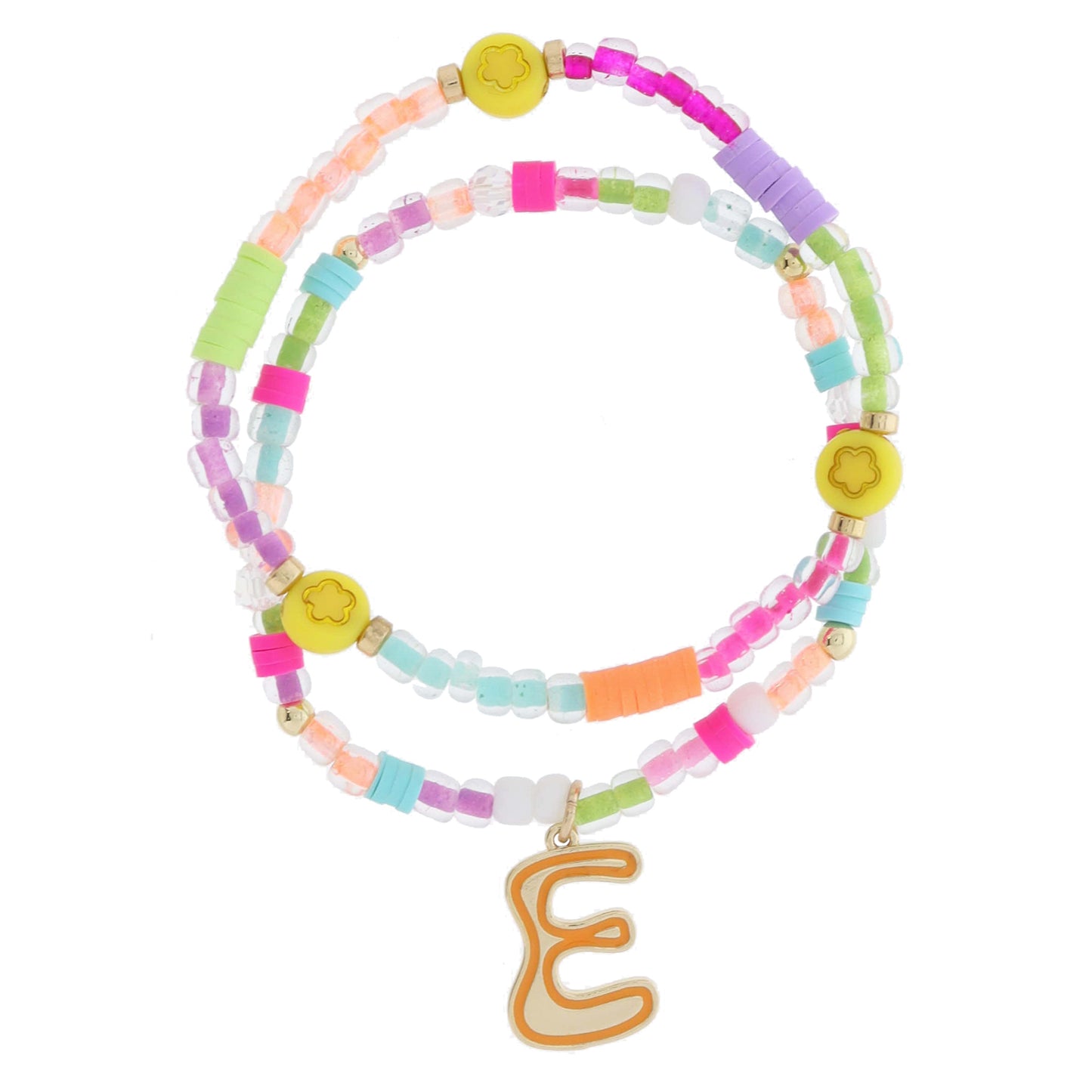 Kids Set of 2, Multi Beaded with Gold Retro Bubble "E" with Orange Outline Bracelet, 6.5" Around