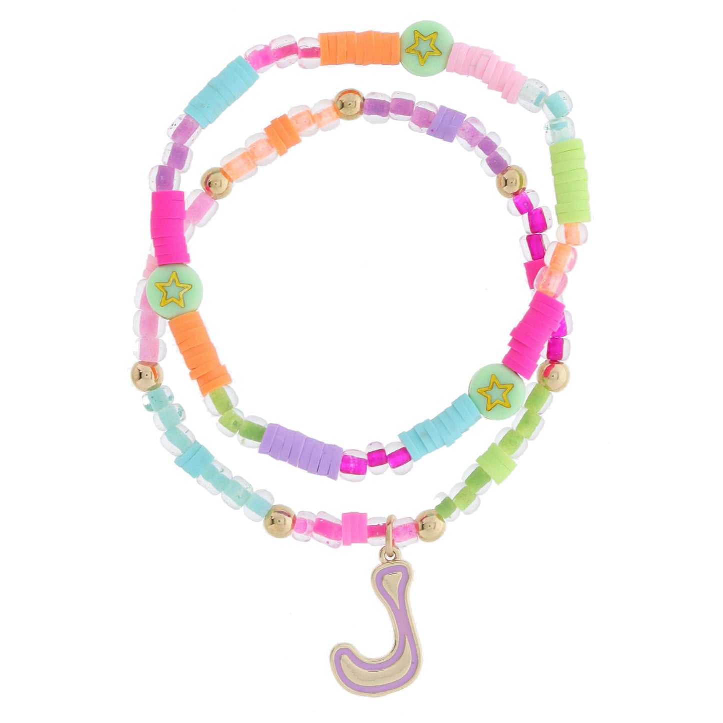 Kids Set of 2, Multi Beaded & Gold Retro Bubble "J" with Light Pink Outline Bracelet, 6.5" Around