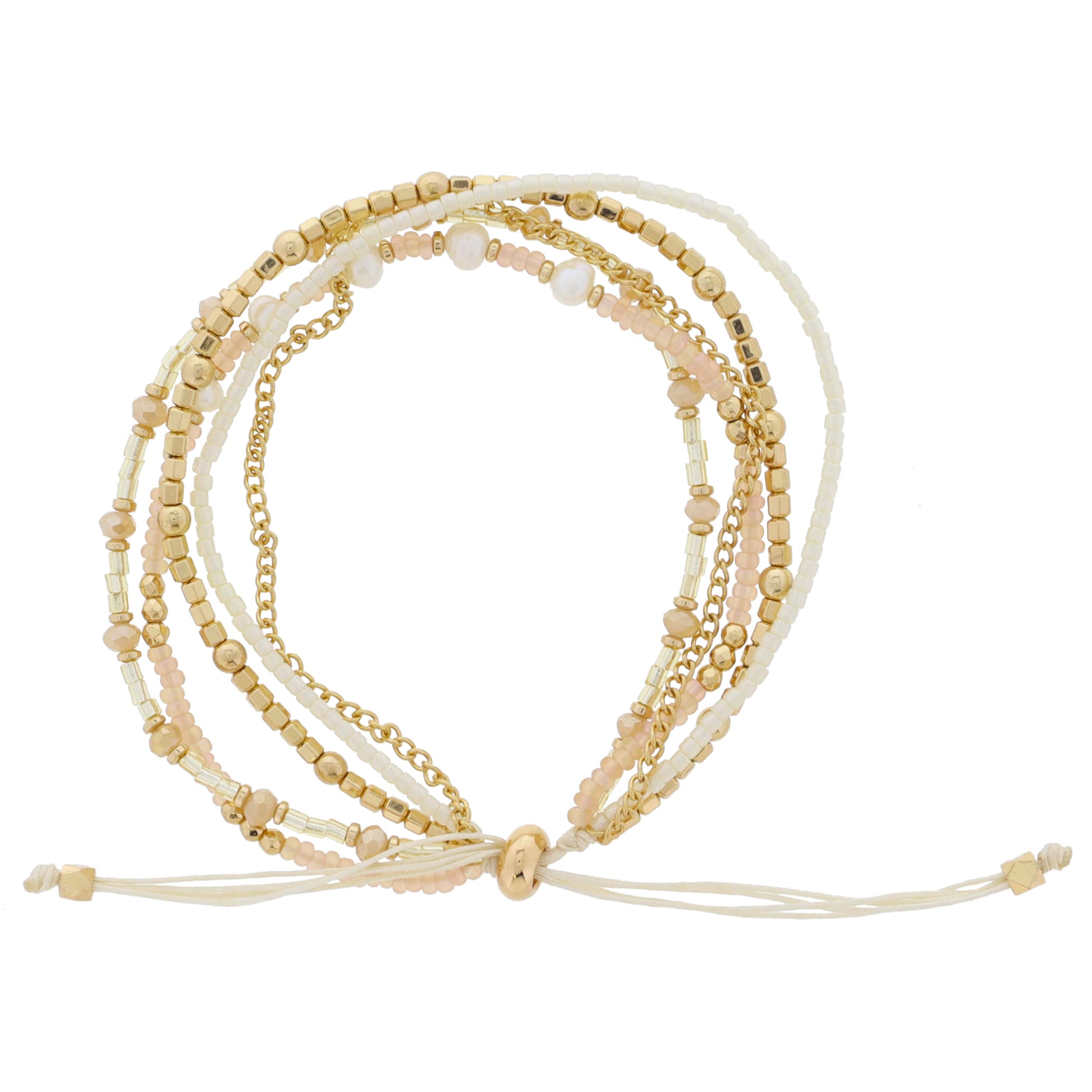 Thin 5 Strand Coordinating Champagne, Gold, Ivory Beaded with Chain & Pearl Accents Adj. Bracelet