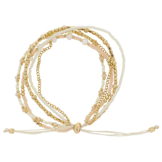 Thin 5 Strand Coordinating Champagne, Gold, Ivory Beaded with Chain & Pearl Accents Adj. Bracelet
