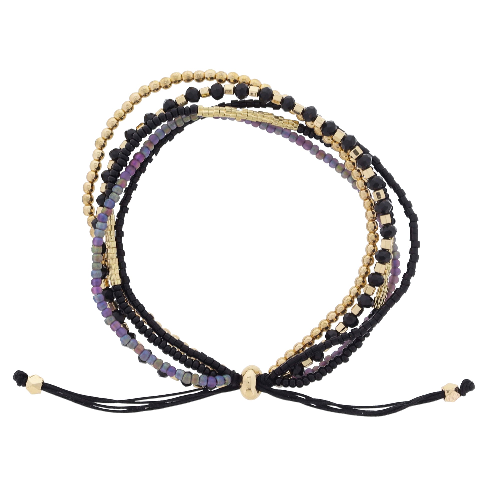 Thin 5 Strand Coordinating Black, Gold, Dark Iridescent Beaded Adj. Bracelet