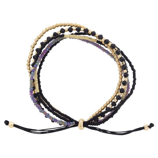 Thin 5 Strand Coordinating Black, Gold, Dark Iridescent Beaded Adj. Bracelet