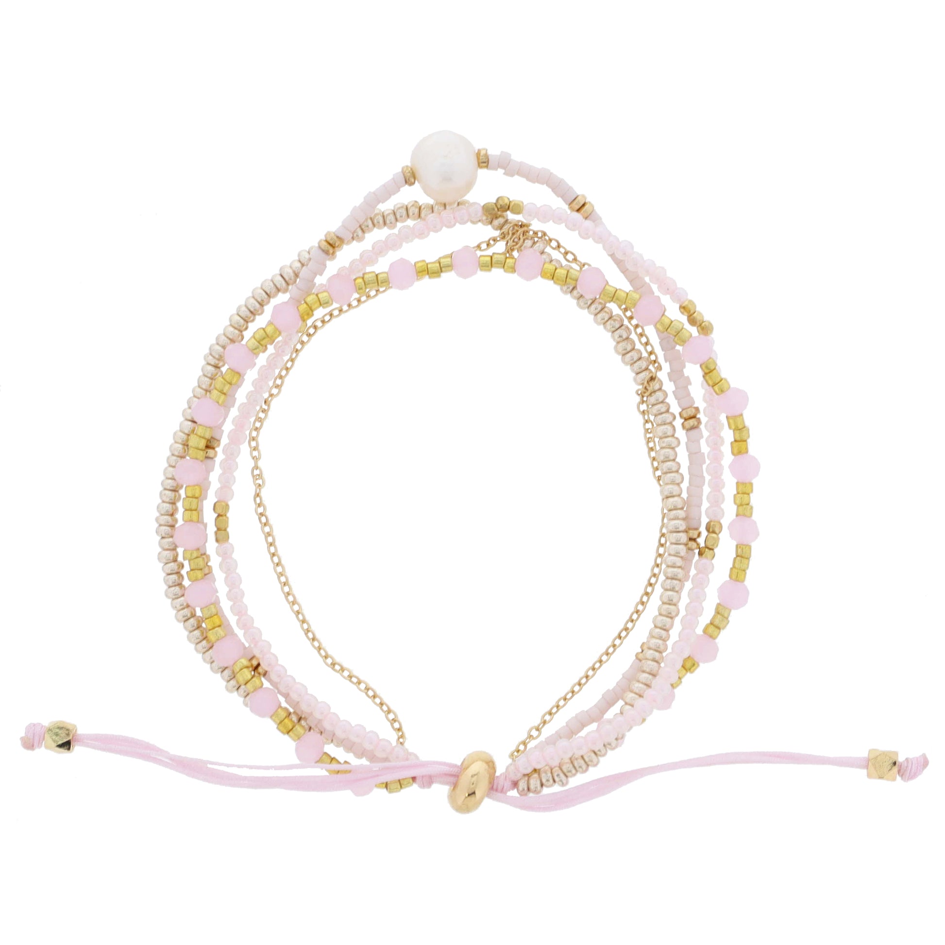 Thin 5 Strand Coordinating Light Pink, Gold, Rose Beaded with Pearl & Chain Accent Adj. Bracelet