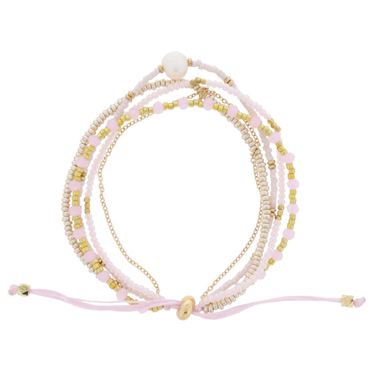 Thin 5 Strand Coordinating Light Pink, Gold, Rose Beaded with Pearl & Chain Accent Adj. Bracelet