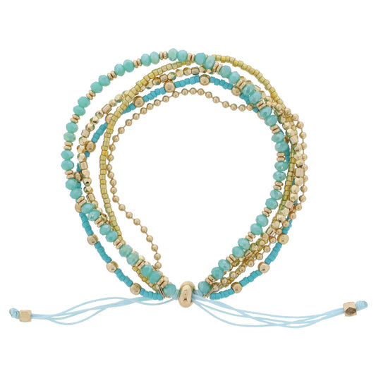 Thin 5 Strand Coordinating Turquoise and Gold Beaded with Dainty Chain Accent Adj. Bracelet